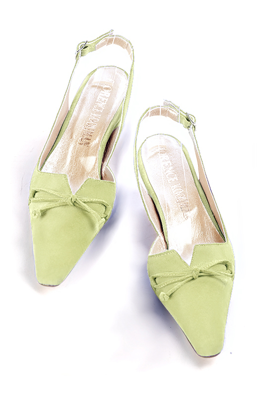 Meadow green women's open back shoes, with a knot. Tapered toe. Low kitten heels. Top view - Florence KOOIJMAN
